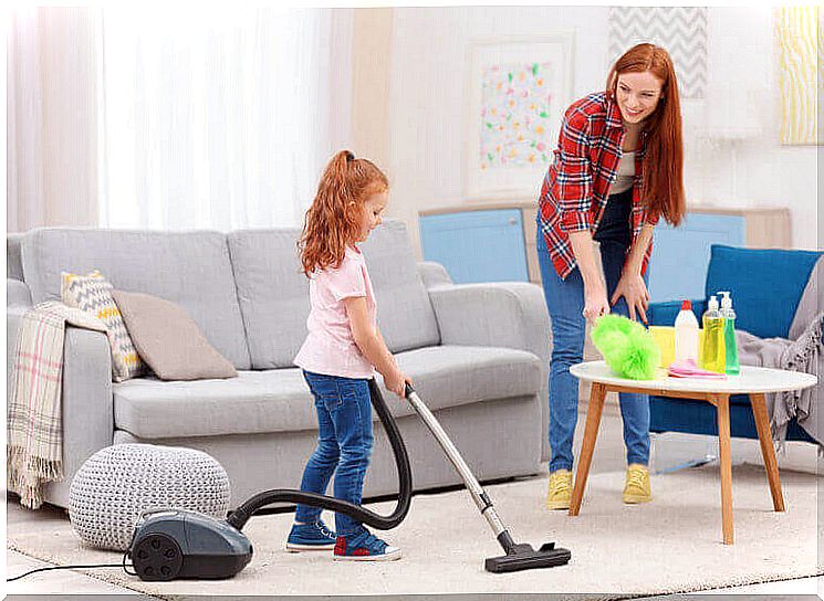 Mother and daughter doing the cleaning.