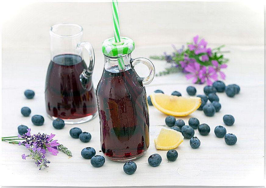 Bottles of blueberry juice.