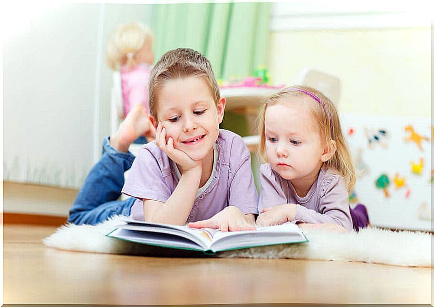 Two brothers reading a story.